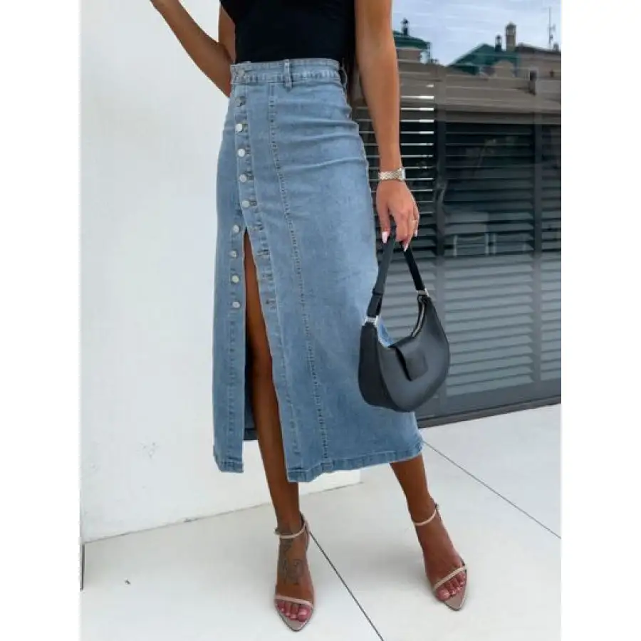 Front Button Slit Midi Denim Skirt