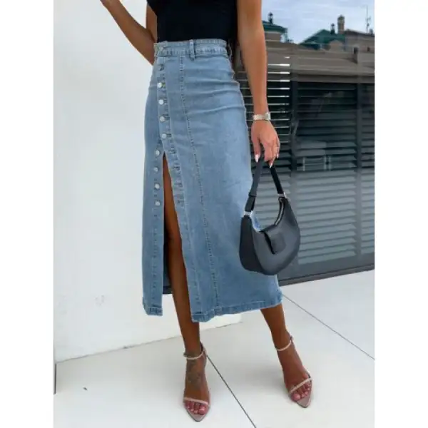 Front Button Slit Midi Denim Skirt