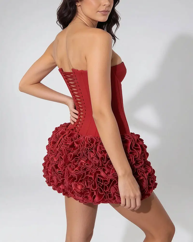 Boned Bustier and Dimensional Floral Mini Skirt Set