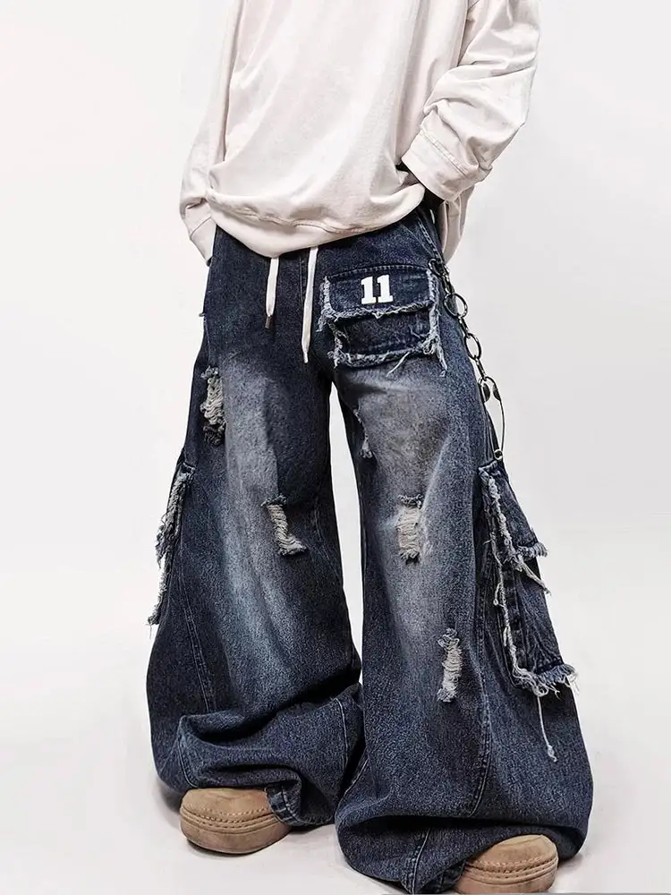 Wide-Leg Distressed Cargo-Pocket Patchwork Jeans