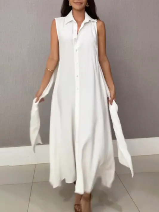 Shirt Style Single Breasted Tie Midi Dress