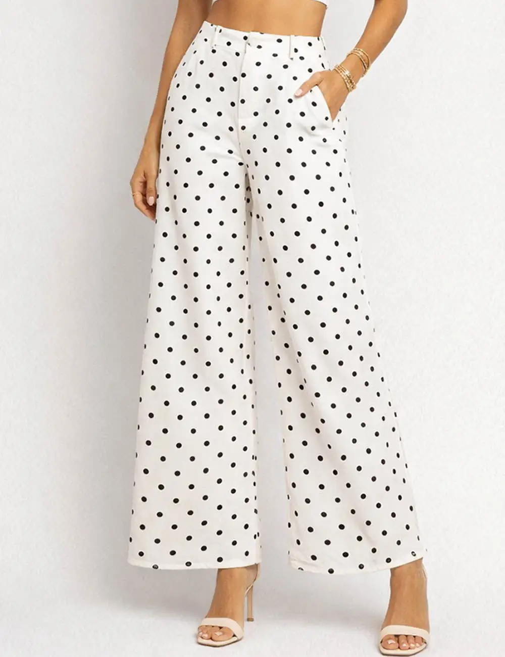 Polka Dot Button Front Pocket Wide Leg Denim Pants