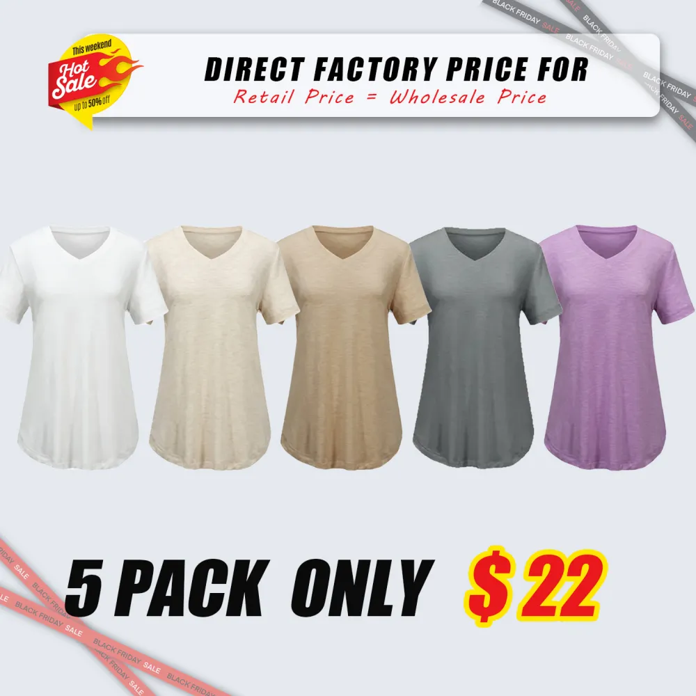 Women's Casual V-Neck Solid Color T-Shirt with Curved Hem