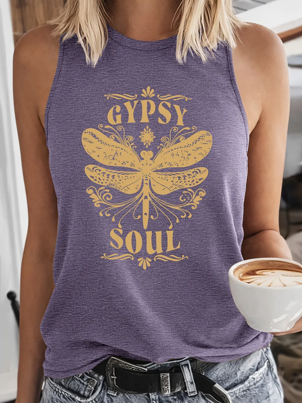 Retro Golden Gypsy Soul Dragonfly Print Tank Top