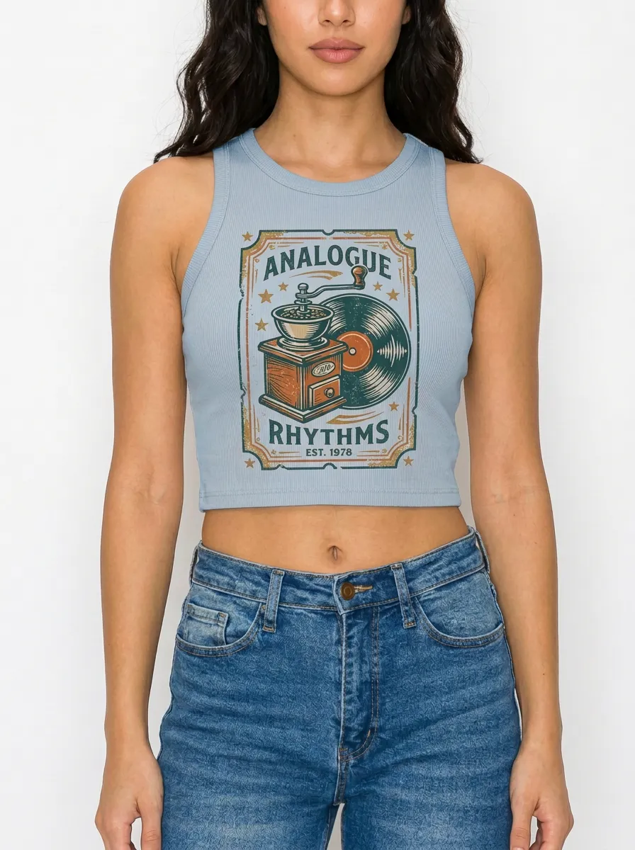 Women's Coffee Music Lover Analogue Rhythms Printed Crop Tank Top