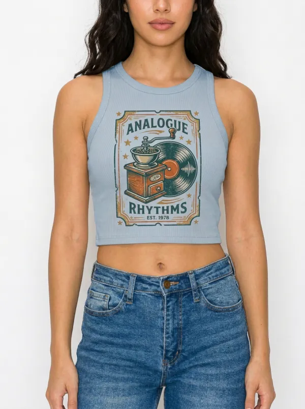 Women's Coffee Music Lover Analogue Rhythms Printed Crop Tank Top