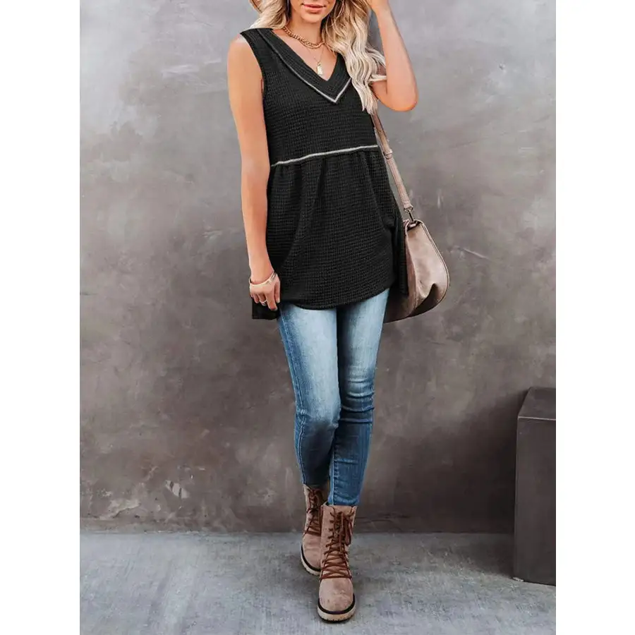 V Neck Waffle Knit Tank Top With