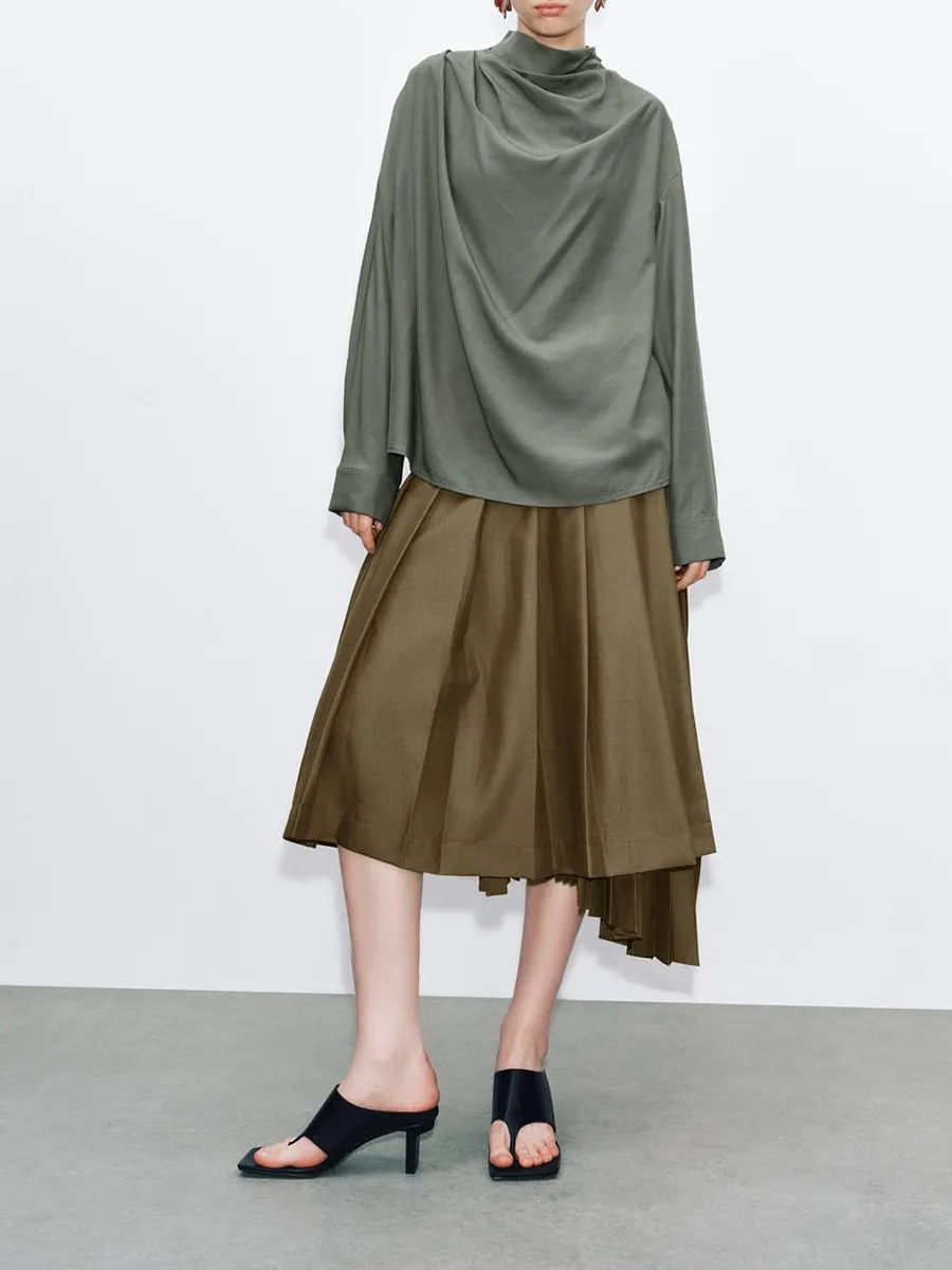 Ladies Khaki Green Irregular Commuter Pleated Long Dress