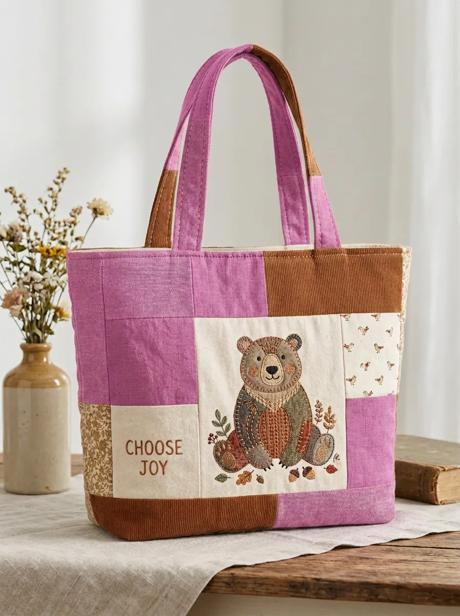 Nature Lover Bear Choose Joy Patchwork Printed Tote Bag