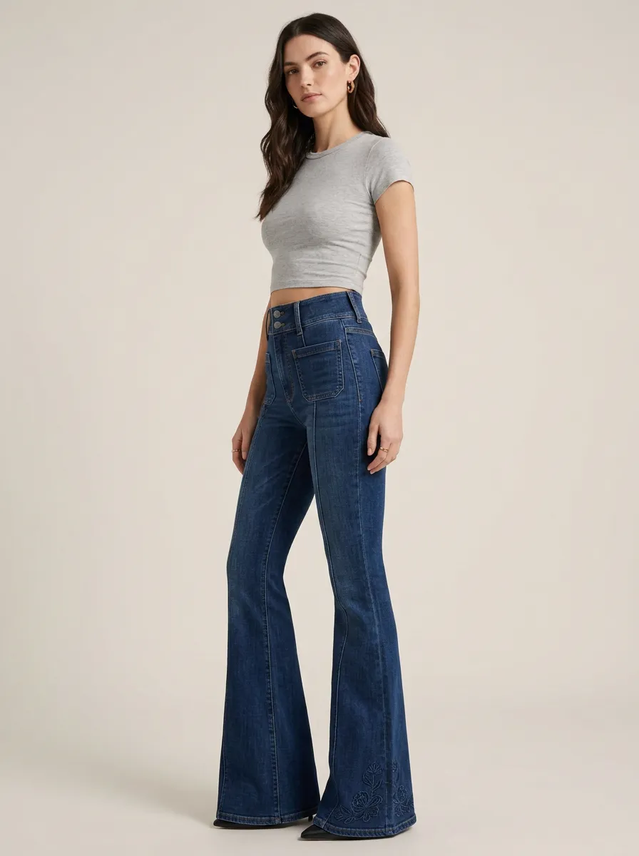 Women's Western Inspired Floral Embroidered Print High Rise Flare Jeans