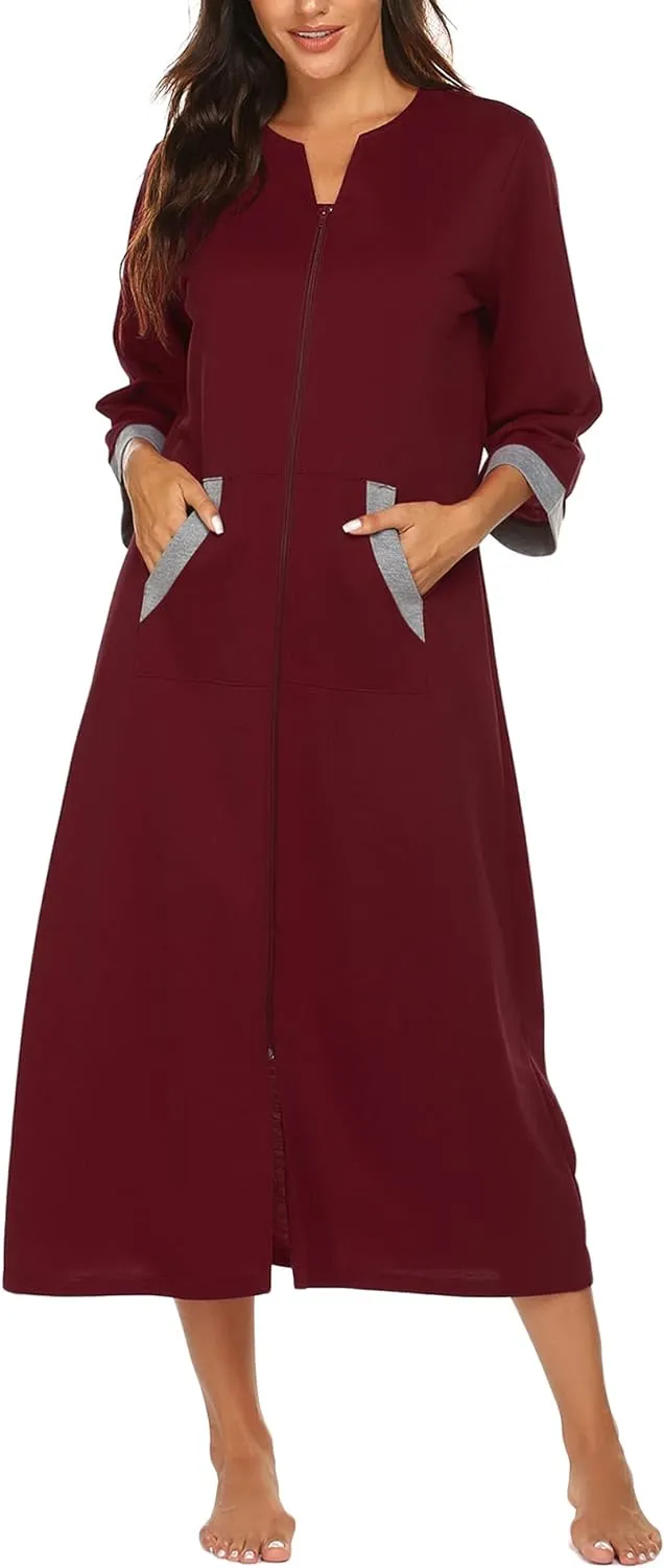 50% OFF Women Zipper Robe 3/4 Sleeves Loungewear Dress Full Length Sleepwear Pockets Housecoat Nightgown Long Bathrobe