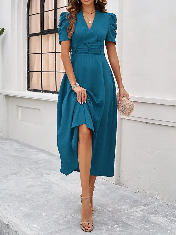 High Zipper Pleated Neck Maxi Dress