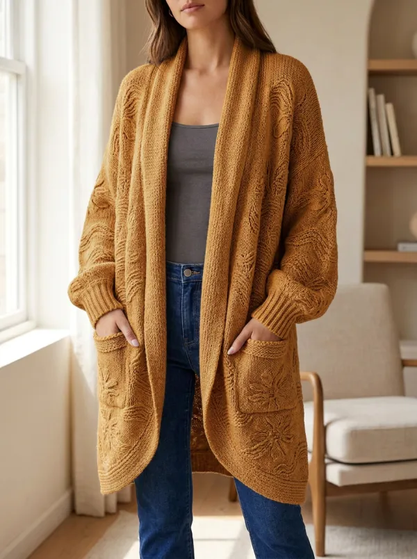 Women's Floral Pattern Knit Open- Design Wide Shawl Long Cardigan