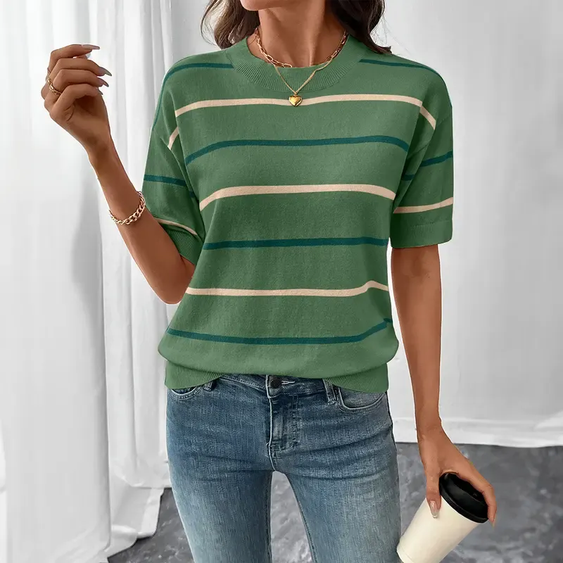 Women'S Short-Sleeved Striped Sweatshirt For Spring And Summer