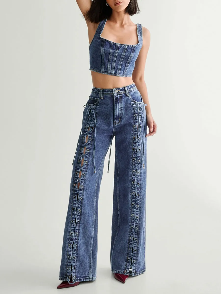 Women's Side Lace-Up Accent Wide-Leg Jeans
