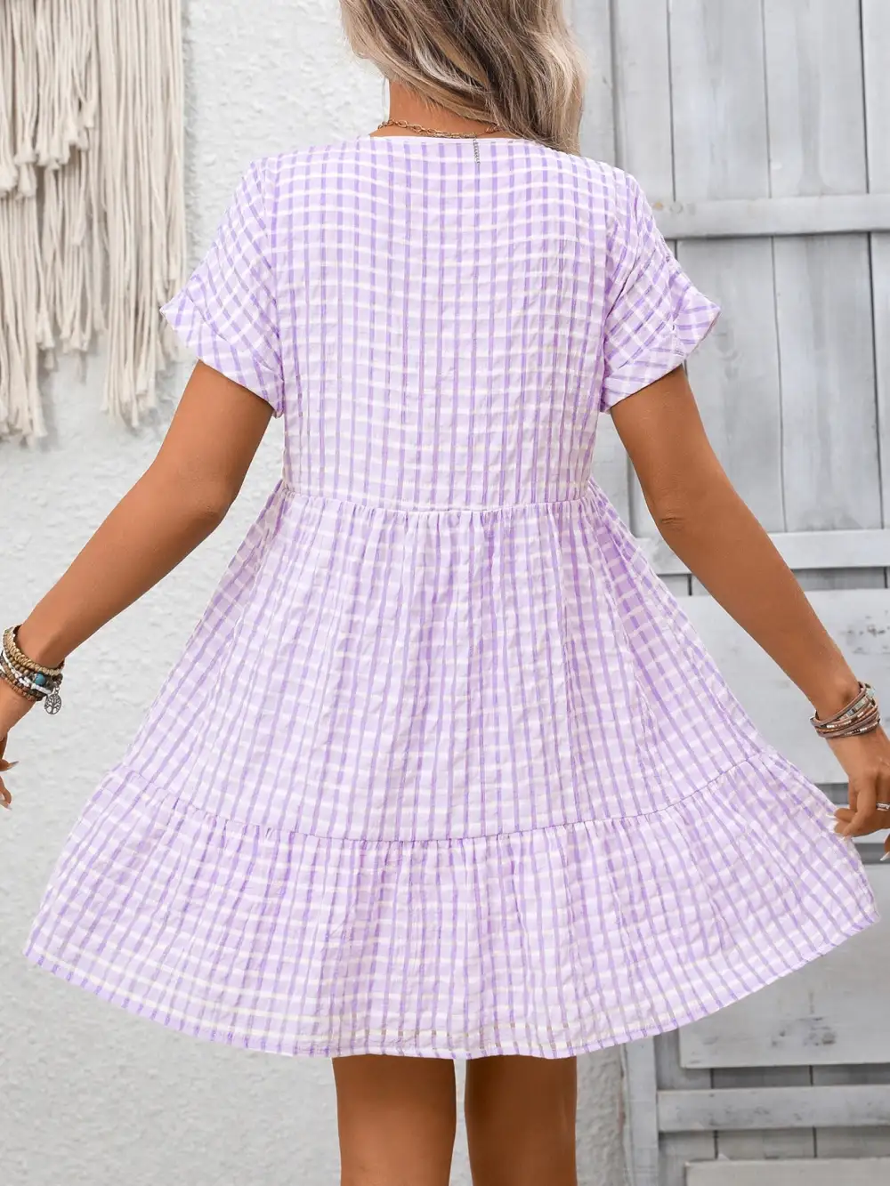 Plaid V Neck Ruffle Mini Dress