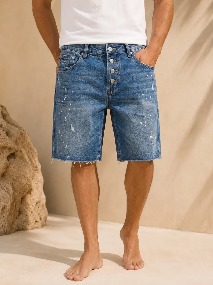 Men's Casual Streetwear Distressed Paint Splatter Printed Denim Shorts