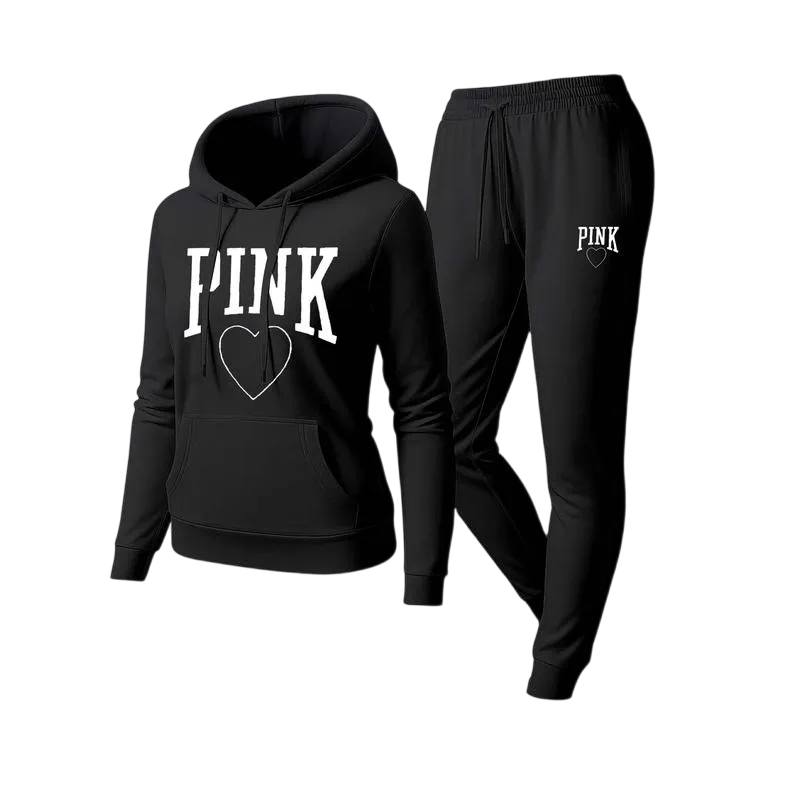 Women's Pink Heart Print Hair And Sunglasses Hoodie And Drawstring Track Pants Set