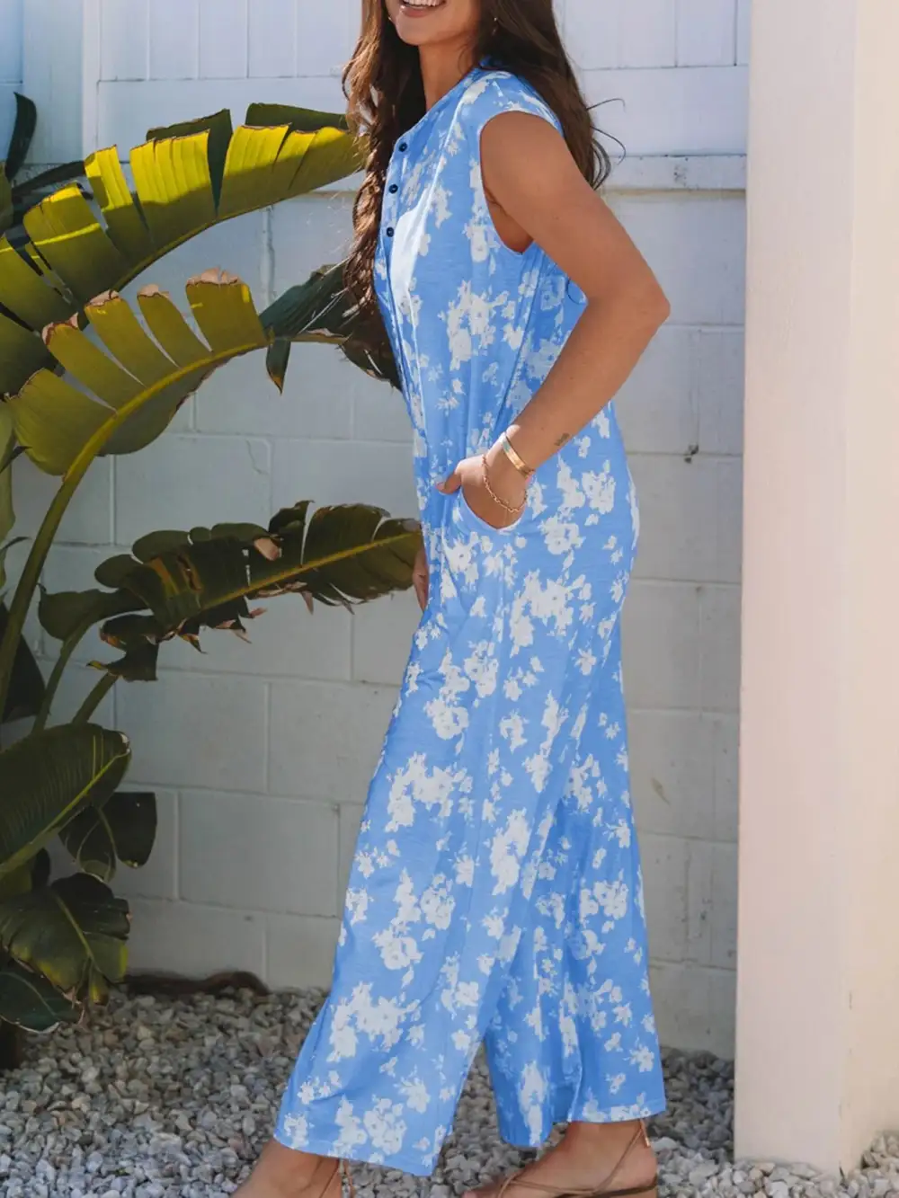Printed Button Front Wide Leg Jumpsuit