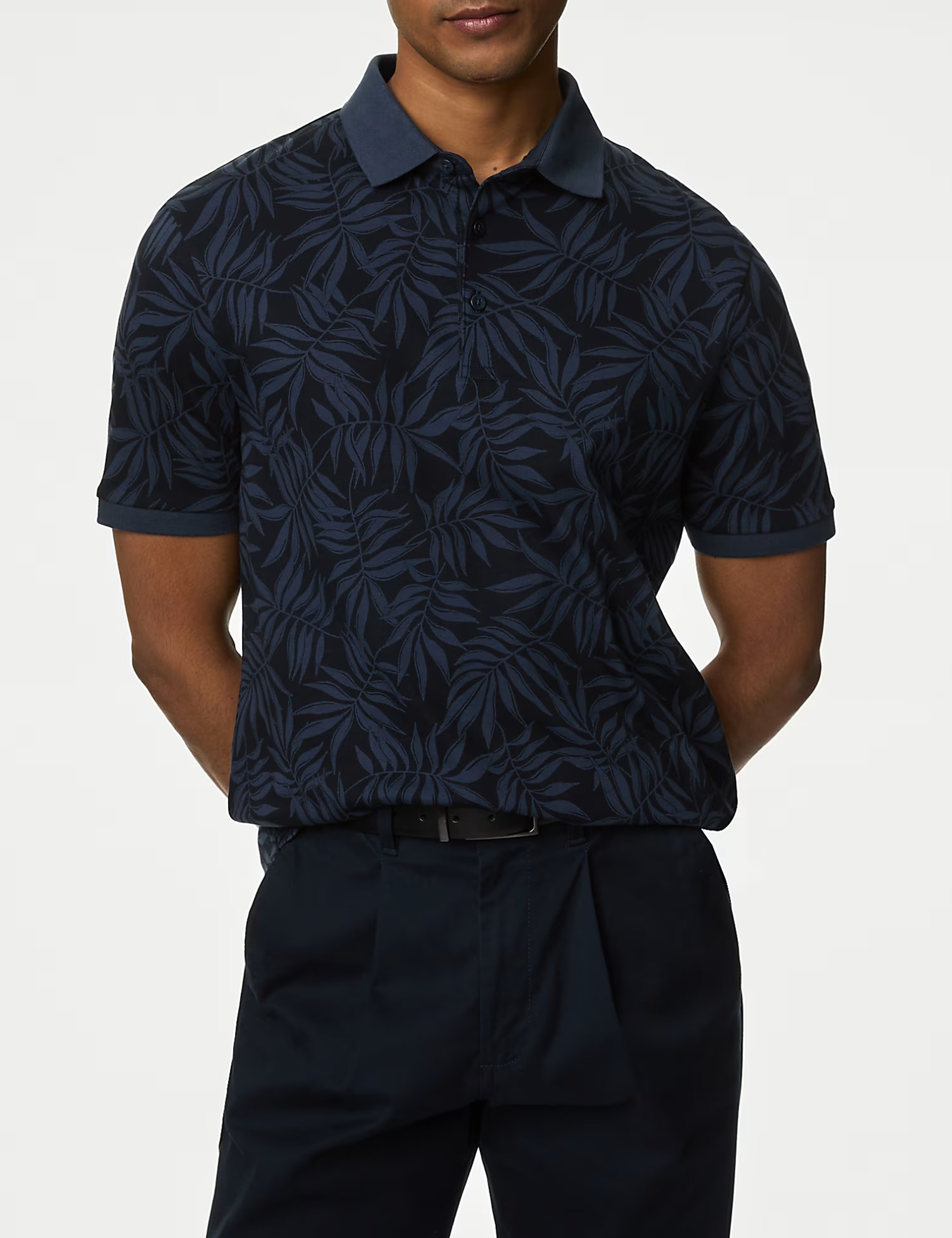 Navy Leaf Print Pure Cotton Polo Shirt