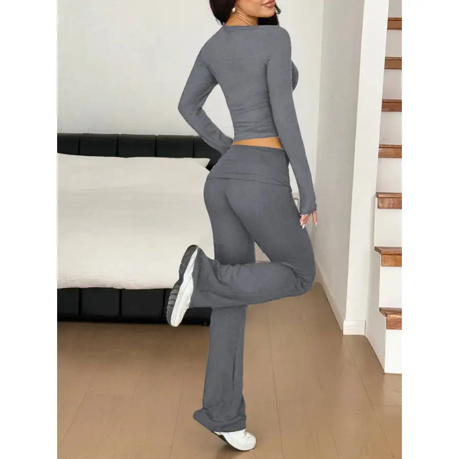 Long Sleeve Crop Top and Bootcut Pants Set