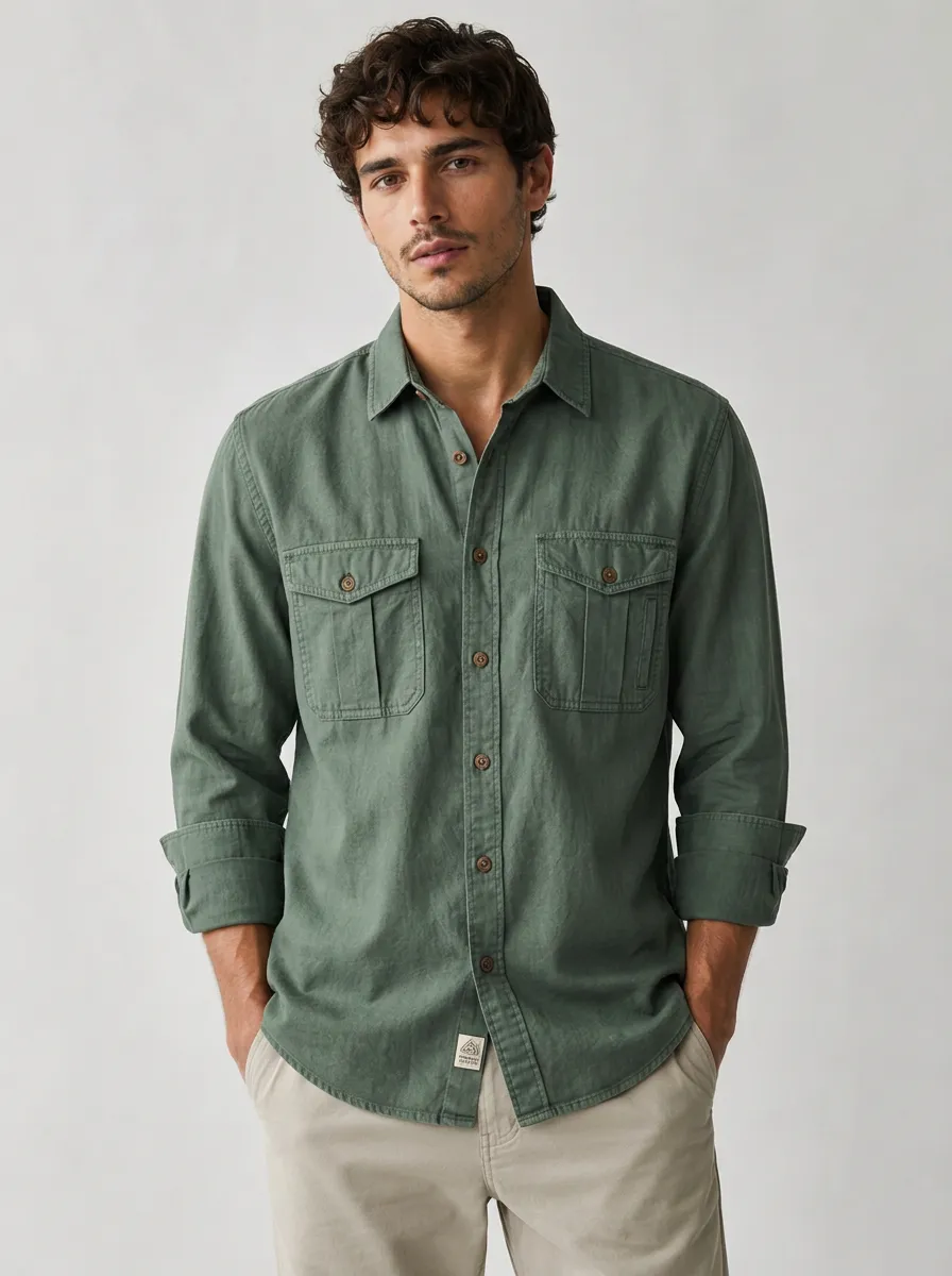Men's Casual Breathable Olive Green Double Pocket Button-Down Shirt
