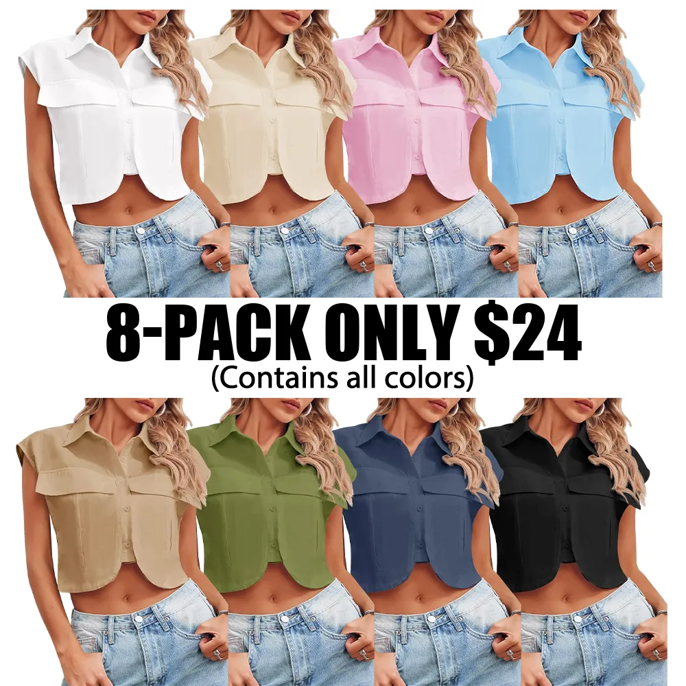 Womens Button Down Shirts Cute Summer Cap Sleeve Crop Tops