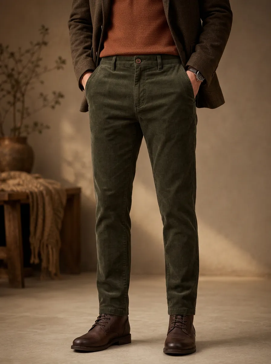 Men's Fall Winter Button Front Corduroy Casual Trousers