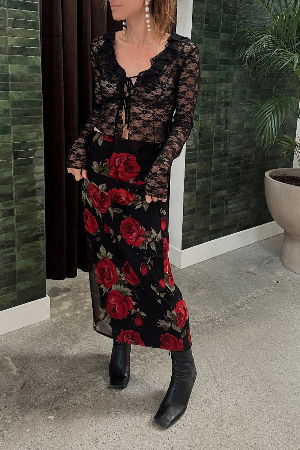 Red Rose Mesh Maxi Skirt