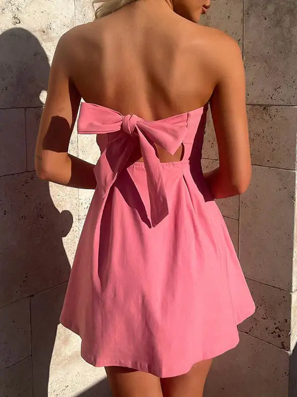 A Line Relaxed Backless Pleated Solid Color Split Joint Tied Tube