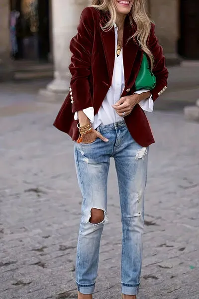 Refined Single-Button Lapel-Collar Long-Sleeve Blazer