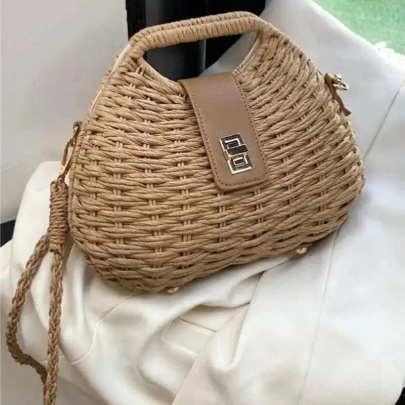 Shell Straw Crossbody Bag Woven Beach Tote Handbag Rattan