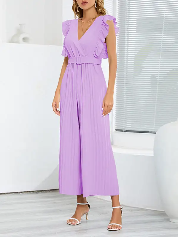 Hoog Getailleerde Losse Geplooide Jumpsuits Met V Hals