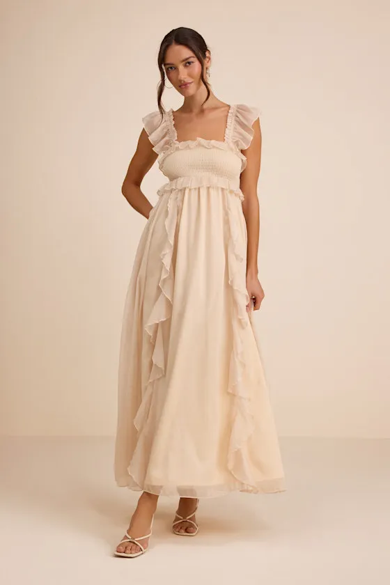Wisteria Ivory Ruffled Smocked Maxi Dress