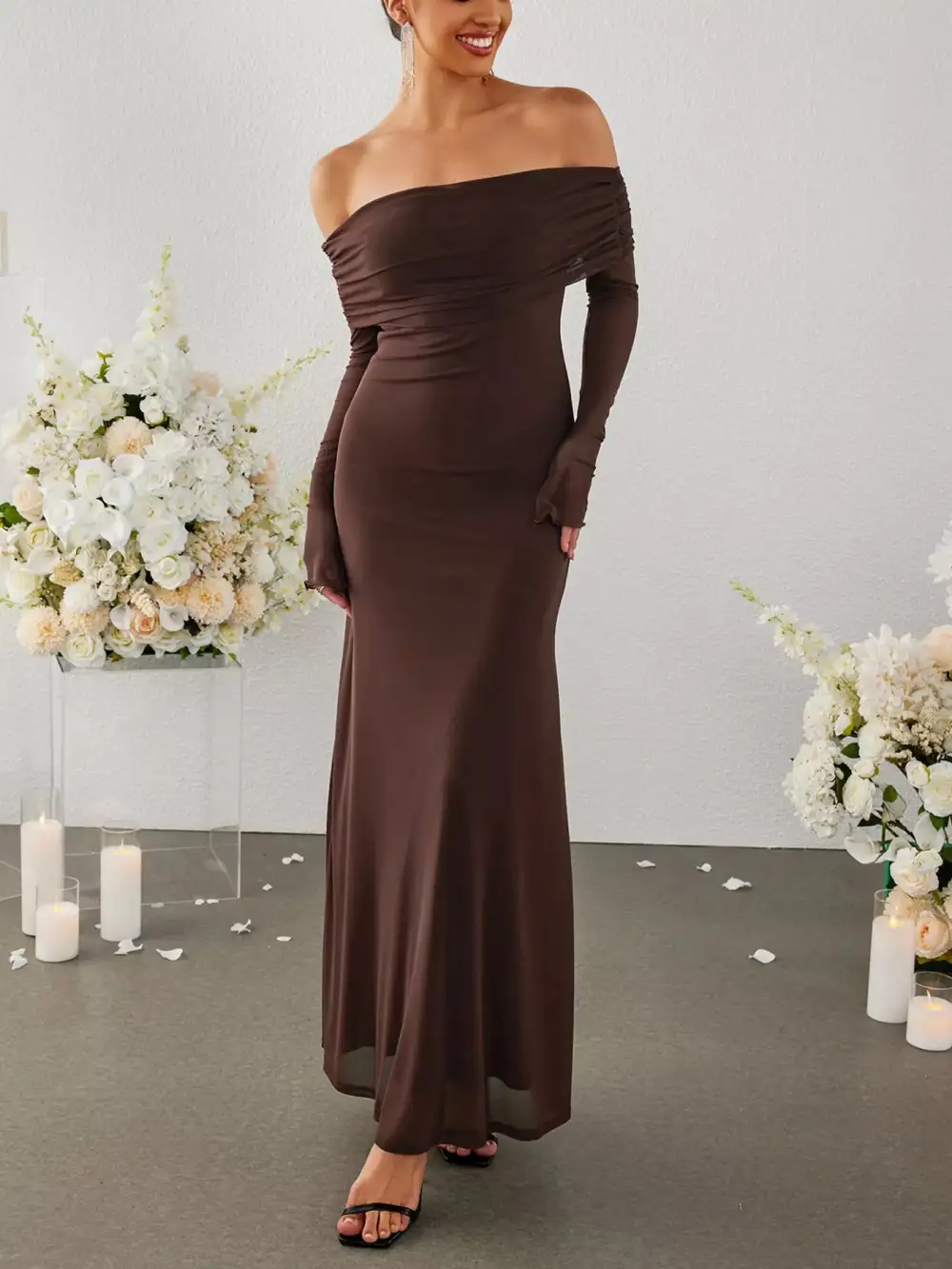Wearable Cut Ruched Long Sleeve Maxi Dress