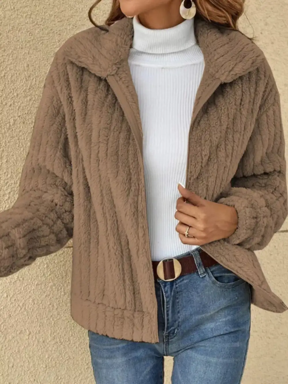 Full Size Zip-up Long Sleeve Texture Jacket Plus Size