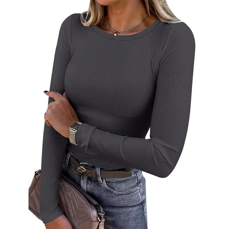Women's Slim Fit Long Sleeve Crewneck Rib Knit Basic Tee
