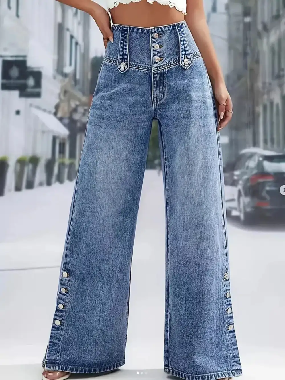 High Waist Wide Leg Button Denim Jeans