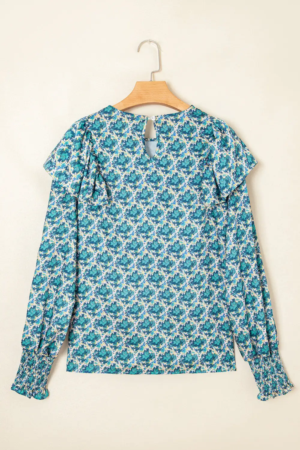 Abstract Print Shirred Puff Sleeve Blouse