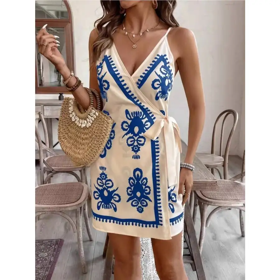 Print Spaghetti Strap Wrap Mini Dress