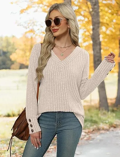 Women's V-Neck Long Sleeve Knit Sweater | Lightweight | Oversized Loose Fit Sweater for Layering