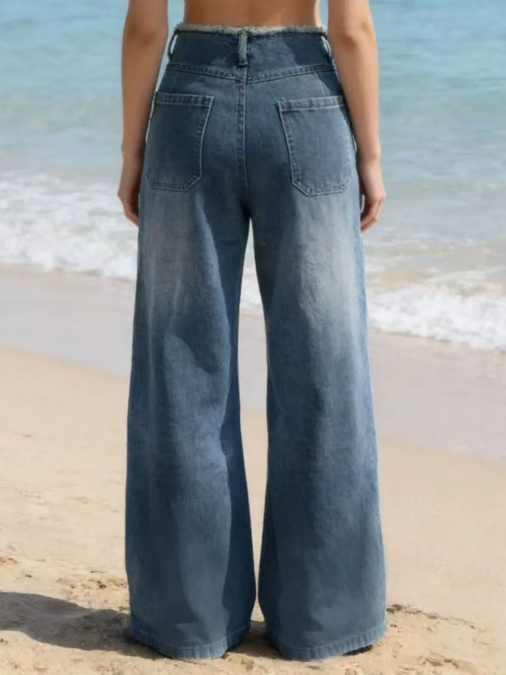 Wide Leg Frayed Hem Denim Jeans