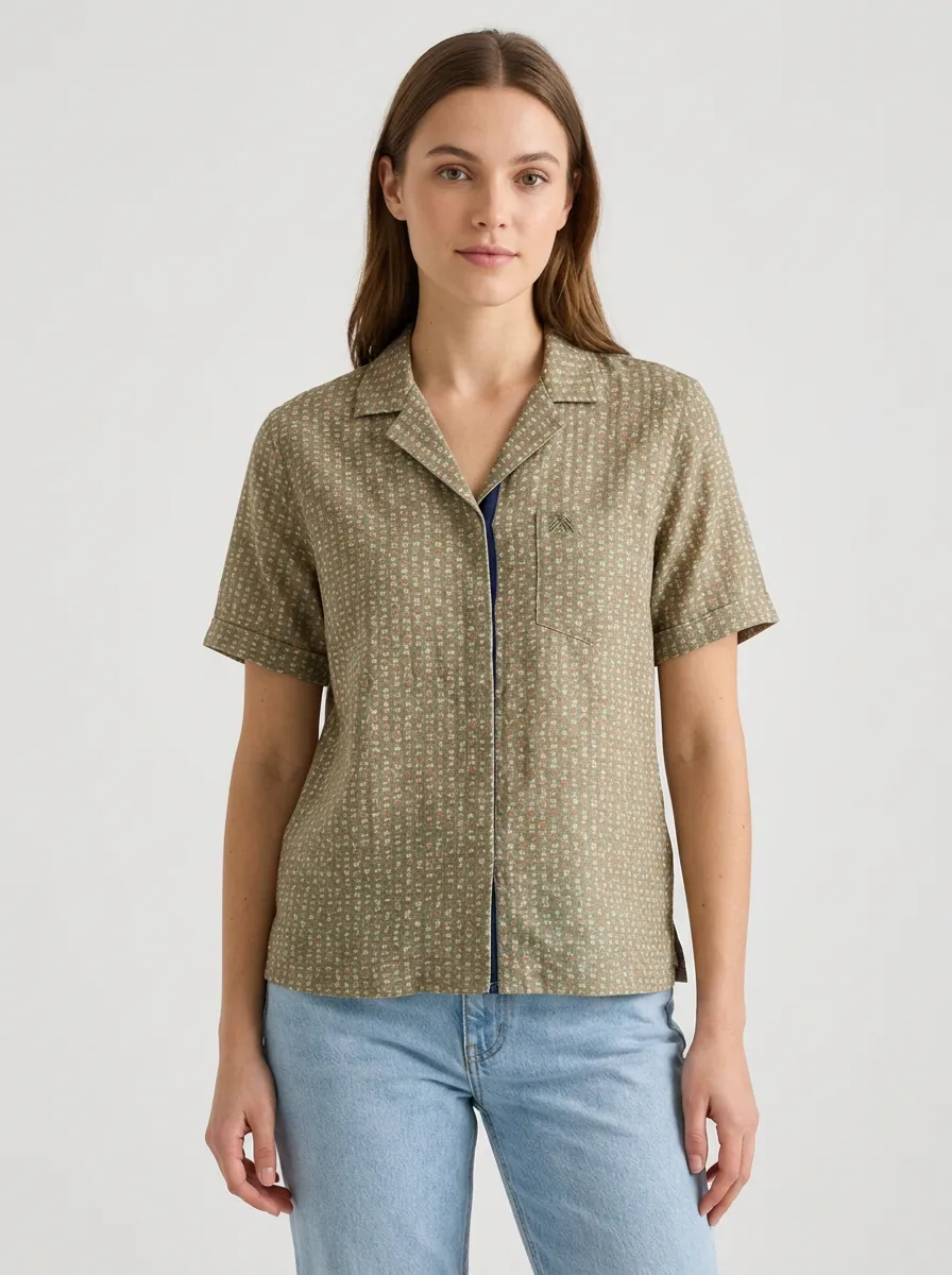 Women's Vintage Floral Olive Green Printed Camp Collar Shirt