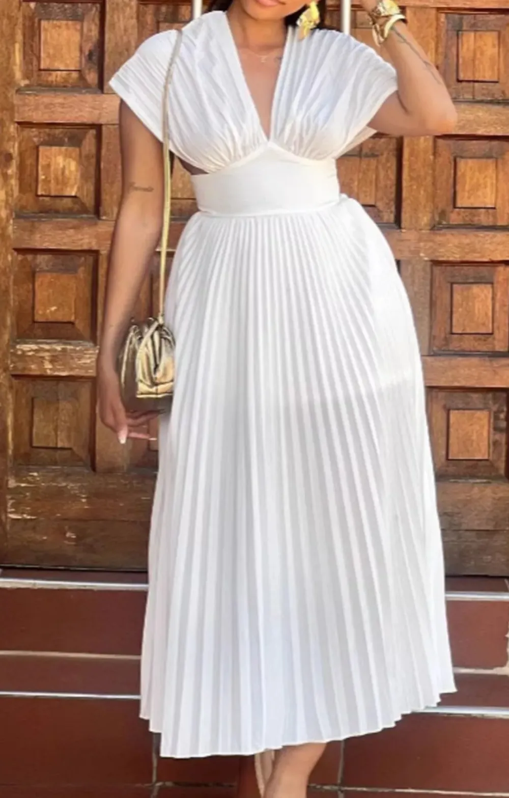 Pleated Cap Sleeve Midi Dress
