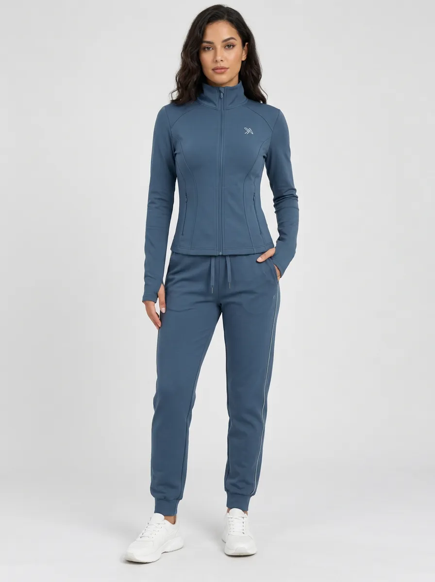Women's Slate Blue Piping Zip-Up Jacket & Jogger Set