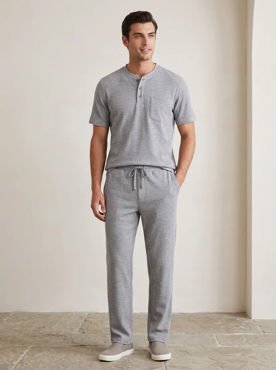 Men's Casual Lounge Grey Waffle Knit Henley Shirt and Pants Set
