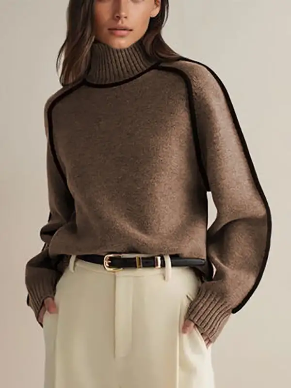 Paneled High Neck Long Sleeve Relaxed Fit Pullover Sweater