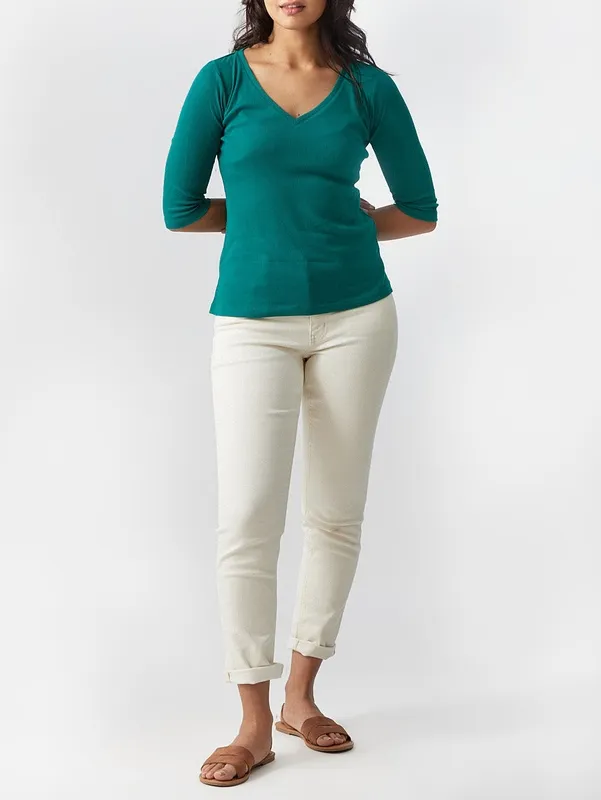 Sea Green Ribbed V-Neck Tee