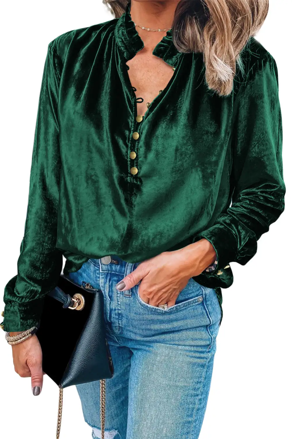 Velvet Frilled Button Front Top