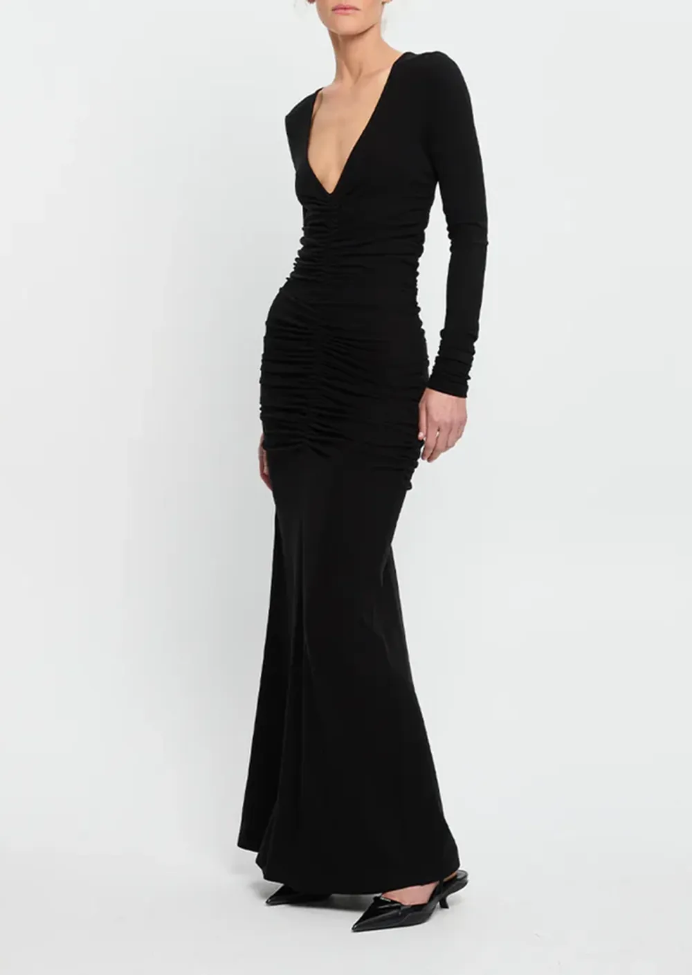V-NECK LONG SLEEVE MIDI DRESS